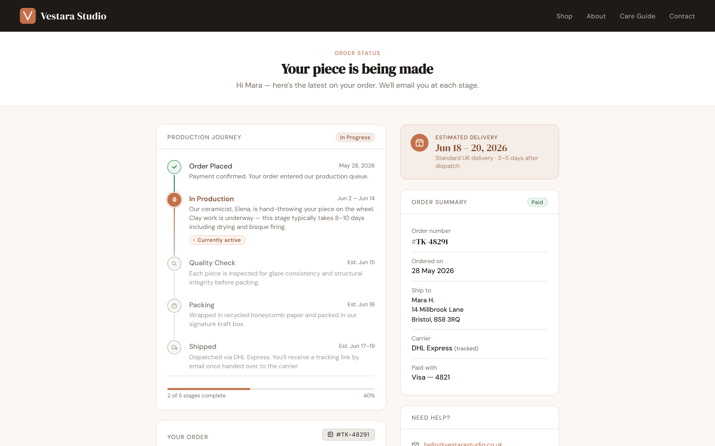 Trackloom branded order-tracking page